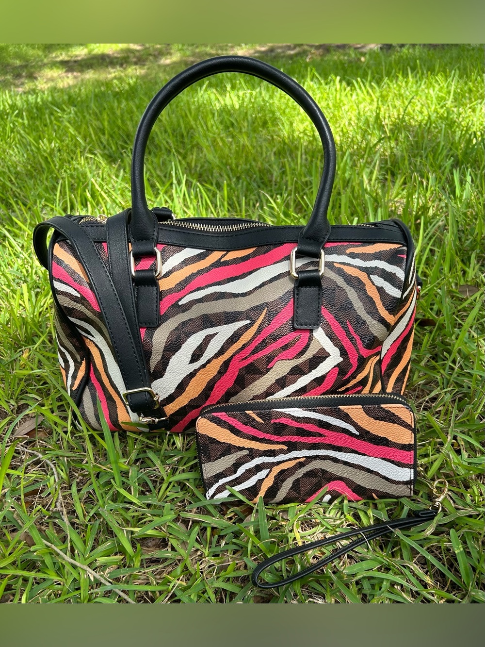 Black Handle Zebra-Print Satchel with Pink & Orange Accents